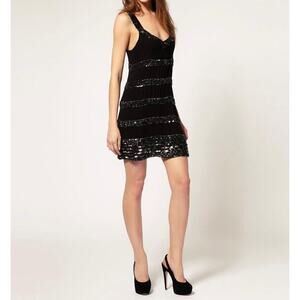 French Connection Black Fully Lined Buzzy Beaded Spaghetti Night Out Dress. NWT